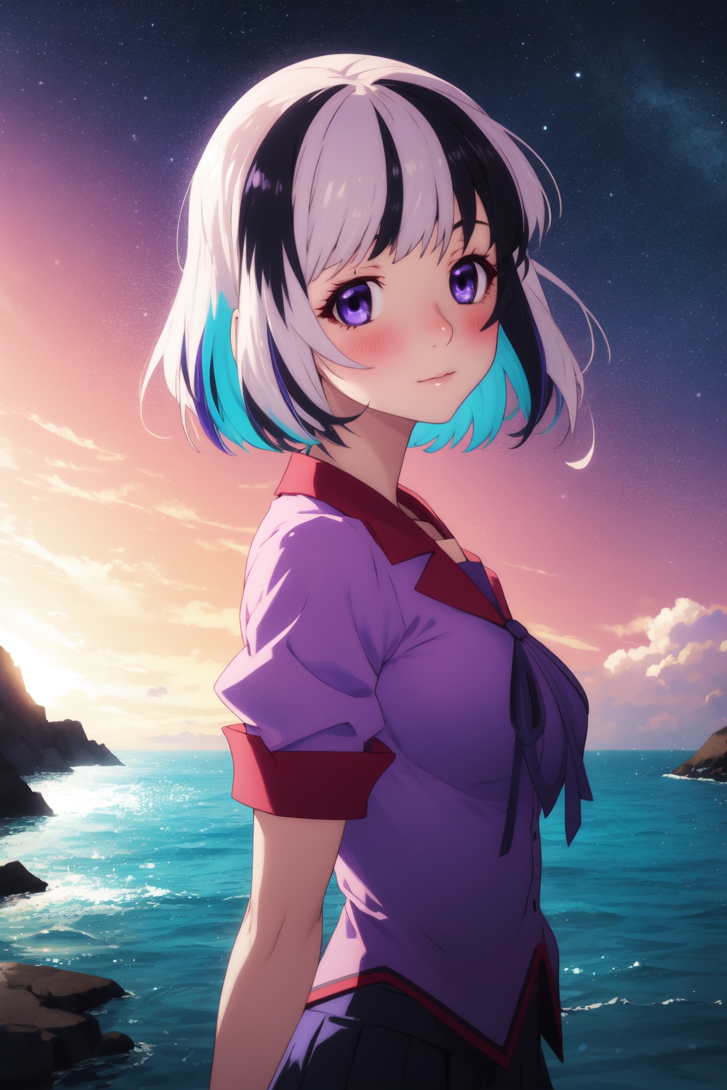 <lora:Tsubasa-000009:0.8>,Tsubasa cyql,1girl,looking at viewer,solo,short hair,black hair,white hair,two-tone hair,streaked hair,purple eyes,school uniform,shirt,puffy sleeves,breasts,pink shirt,blush,Skeptical, Raised eyebrows and a slightly pursed mouth.,bust,beautiful face,beautiful eyes,glossy skin,shiny skin,Coral, Reef, Fish, Seaweed, Colorful, Underwater, Diversity, Serenity,(Desert wildflowers, Arid landscape, Desert bloom, Refreshed desert, Floral explosion, Desert oasis:0.6),beautiful detailed sky,beautiful detailed glow,posing in front of a colorful and dynamic background,masterpiece,best quality,beautiful and aesthetic,contrapposto,female focus,wallpaper,fashion,