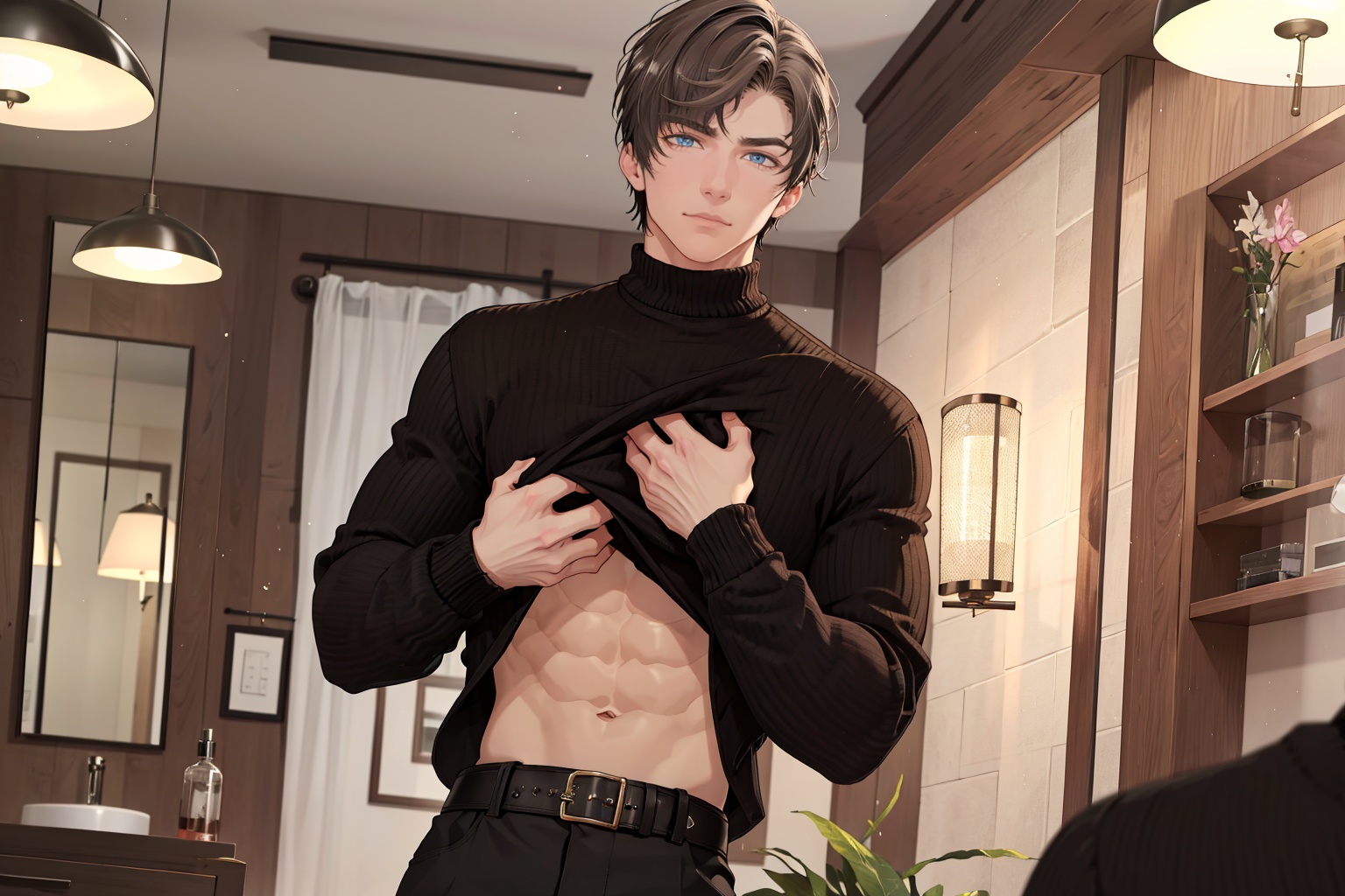 <lora:Artem_Wing:1>,Artem Wing, 1boy, abs, long sleeves, male focus, black shirt, navel, shirt, mirror, clothes lift, looking at viewer, sweater, belt, indoors, lamp, pov hands, masterpiece,best quality