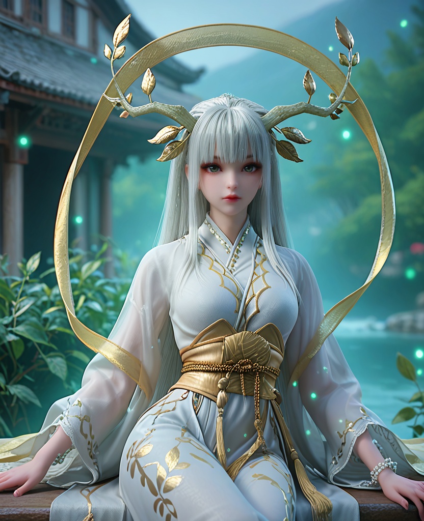 (oriental architecture, elegant decor, sophisticated style:1.1),Sitting on a bench with one leg bent, looking relaxed,,(breasts:1.2),<lora:XL完美世界虚天神藤:0.9>,miss xutianshenteng,solo,white kimono,green eyes,leafy branches hair ornament,bangs,white hair,long hair,red lips,sash,obi,see-through wide sleeves,clothing patterns,light particles,hagoromo,beads bracelet,tassel,outer skirt,, zPDXL2, score_9, score_8_up, score_7_up BREAK realistic, masterpiece,best quality, highly detailed,, zPDXL3, zPDXL2,zPDXL, zPDXLxxx, zPDXLrl,