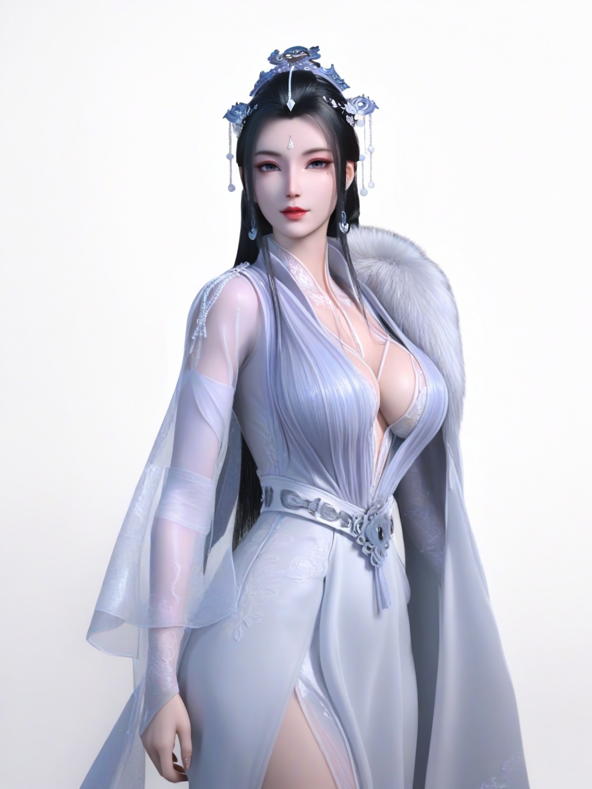 score_9,dress,black hair,long hair,hair ornament,forehead mark,1girl,breasts,large breasts,standing,solo,mole under eye,eyeshadow,fur,lipstick,white background, looking at viewer,cowboy_shot,<lora:SF_YueYao_Pony_Realism2.3-000003:0.7>,