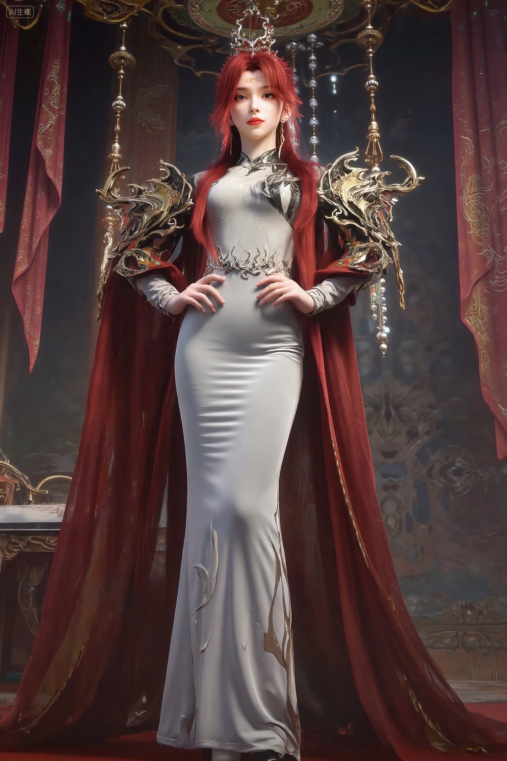 A digital CGI artwork of a regal,pale-skinned woman with long red hair,wearing ornate,fantasy armor with gold and red accents,standing in a grand,dimly lit room with intricate tapestries and chandeliers. She exudes an ethereal,powerful presence.,, best quality,astonishing quality,ultimate aesthetics,absurd,best quality,ultimate aesthetics,masterpiece,emotional masterpiece,extraordinary above all,mastery of details,, Negative prompt: ng_deepnegative_v1_75t,(badhandv4:1.2),EasyNegative,(worst quality:2),,nsfw, Steps: 30, Sampler: DPM++ 2M, CFG scale: 3.5, Seed: 4096989391, Size: 1024x1536, Model hash: 062dad72b2, Model: 麦橘超然majicFlus_v1.safetensors, Denoising strength: 0, RNG: CPU, Lora 1: 20250819-1755611835291-0011, Lora Hash 1: 4a4e21aeb4, Lora Weight 1: 1.0, vae_name: automatic