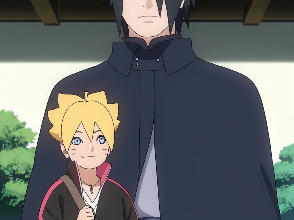 <lora:Naruto_XL:1>,masterpiece,best detail,best quality,ninja village,male focus,1boy,uzumaki boruto,toddler,blonde hair,short hair,dark blue eyes,2facial stripes,correct eyes,smile,perfect hands,5fingers,correct anatomy,1man,uchiha sasuke,*****,black hair,black pupil,hair eye full cover,black cloak covering the whole body,expressionless,(height difference:1.3),focus on characters,available light,huge filesize,