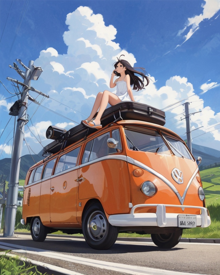 (best quality), ((masterpiece)), (highres), illustration, original, extremely detailed,  <lora:莲实复古动漫XL:0.7>1girl, sandals, flip-flops, ground vehicle, sitting, white dress, dress, motor vehicle, looking up, solo, sleeveless dress, outdoors, utility pole, power lines, holding, on vehicle, sky, cloud, floating hair, car, sleeveless, wind, black hair, from below, arm support, bare arms, product placement, road, cloudy sky, day, long hair, mountainous horizon, ahoge, artist name, looking afar, sundress, shoe soles, bare legs, shoe dangle, wide shot, from side, holding camera, arm at side, bare shoulders, hand up, english text, vehicle focus, looking away, parted lips, camera, shadow, flat chest, hill, signature, black eyes, blue sky, grass
