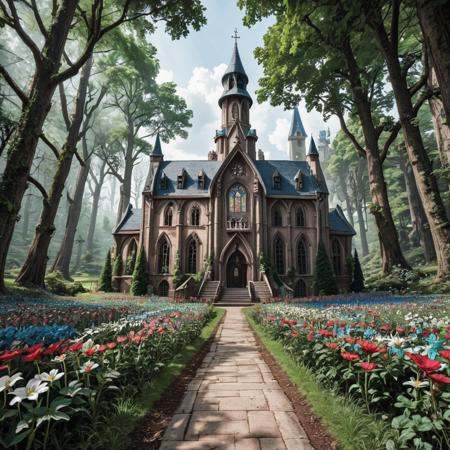 intricate detail, fantasy, enchanted forest, flowers, church, village, mansion, house, (masterpiece, best quality, extremely detailed)