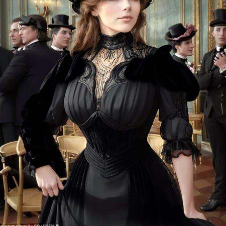 masterpiece,  uhd,  sharp color photo of a beautiful woman wearing a high-neck layered black dress on Tensor.Art