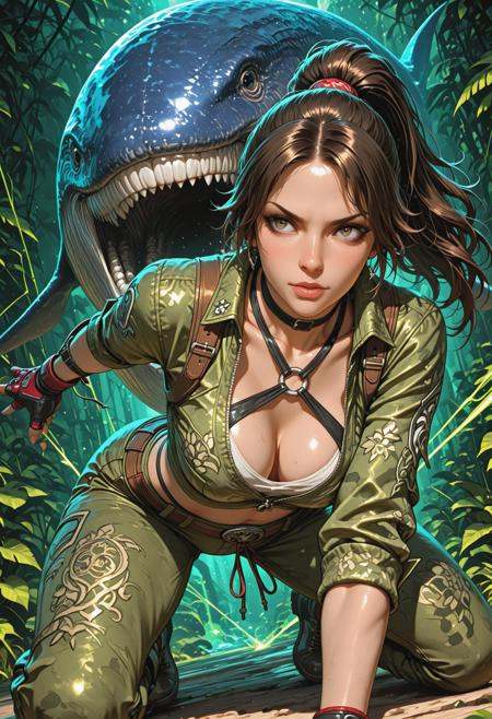 lazypos, detailed, dynamic pose, deep-jungle-green, emerald, technical drawing render, close-up, christie monteiro from tekken, brown hair, tekken setting, blue whale,