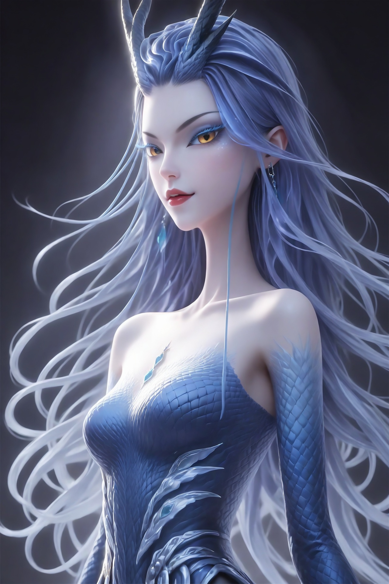 aorun,<lora:aorunXL:0.8>,score_9,score_8_up,source_anime,score_7_up,Dark light,dark scene,highly detailed,ultra-high resolution,32K UHD,sharp focus,best-quality,masterpiece,golden hour,unconventional supreme masterpiece,masterful details,temperate atmosphere,with a high-end texture,in the style of fashion photography,Dynamic Angle,(Dynamic posture:1.1),1girl,solo,medium breasts,looking at viewer,monster girl,eyeshadow,slit pupils,