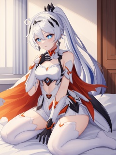 kiana kaslana,kiana kaslana \\\(herrscher of flamescion\\\),ponytail,white thigh boots,white armor,orange earrings,torn cape,black hair ornament,gauntlets,blue eyes,white thighhighs,bedroom,indoors,<lora:kiana2-000010:1>,, 1girl,,  (masterpiece,best quality:1.2),absurdres