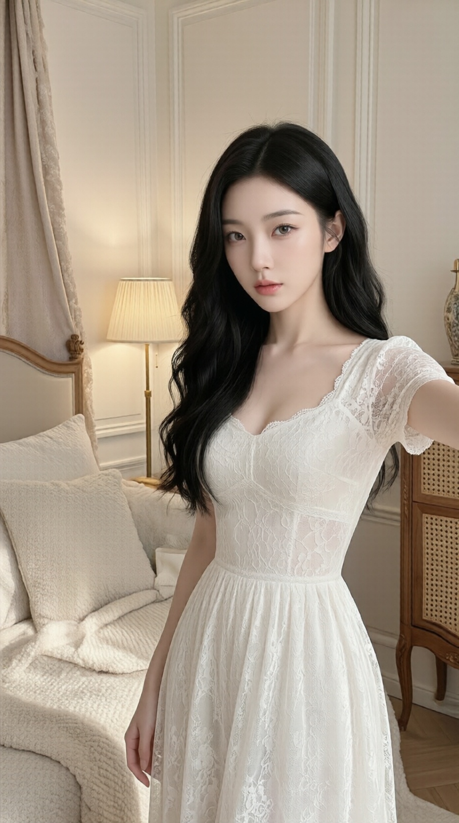 beauty,a photo-realistic shoot from a front camera angle about a young woman taking a selfie in a pink silk dress with a crescent moon tattoo on her neck,the image also shows a balcony with potted plants and buildings in the background,on the middle of the image,a 20-year-old asian woman with long,wavy black hair,fair skin,and brown eyes appears to be standing,facing the viewer,looking directly at them with a neutral expression,she is wearing a light pink silk nightgown with lace trim,revealing her cleavage and bare shoulders,the woman is holding a white iphone in her right hand,and her left hand is resting on her hip,her hair is styled in loose waves and falls down her back,she has a small crescent tattoo on one of her neck,adding a touch of elegance to her overall look,