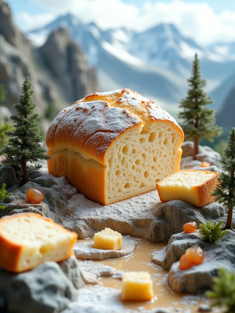 mimj,Photograph of a mountainous landscape with a large loaf of bread in the center, surrounded by smaller pieces of bread and small trees. The bread is lightly dusted with powdered sugar, giving it a glossy sheen. The background features a soft, blurred mountain range with distant peaks. The overall scene is serene and picturesque, with a sense of adventure and wonder.<lora:miluo丨美食微距(JTMB) L1.3:1>