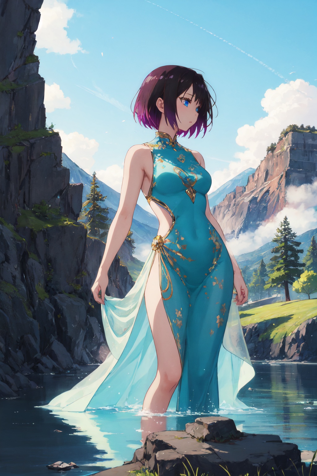 <lora:Elma-000013:0.8>,Elma CYQL,1girl,looking at viewer,solo,short hair,black hair,purple hair,multicolored hair,gradient hair,blue eyes,One-shoulder evening gown,smile,profile,Nested within the silent embrace of a volcano, a jade-green lake rests, encircled by steep cliffs shrouded in mist. It resembles a mystical eye of the earth,(Wildflowers, Butterflies, Bees, Tall grass, Bright sunshine, Blue sky:0.5),beautiful detailed sky,beautiful detailed glow,posing in front of a colorful and dynamic background,masterpiece,best quality,beautiful and aesthetic,contrapposto,female focus,wallpaper,