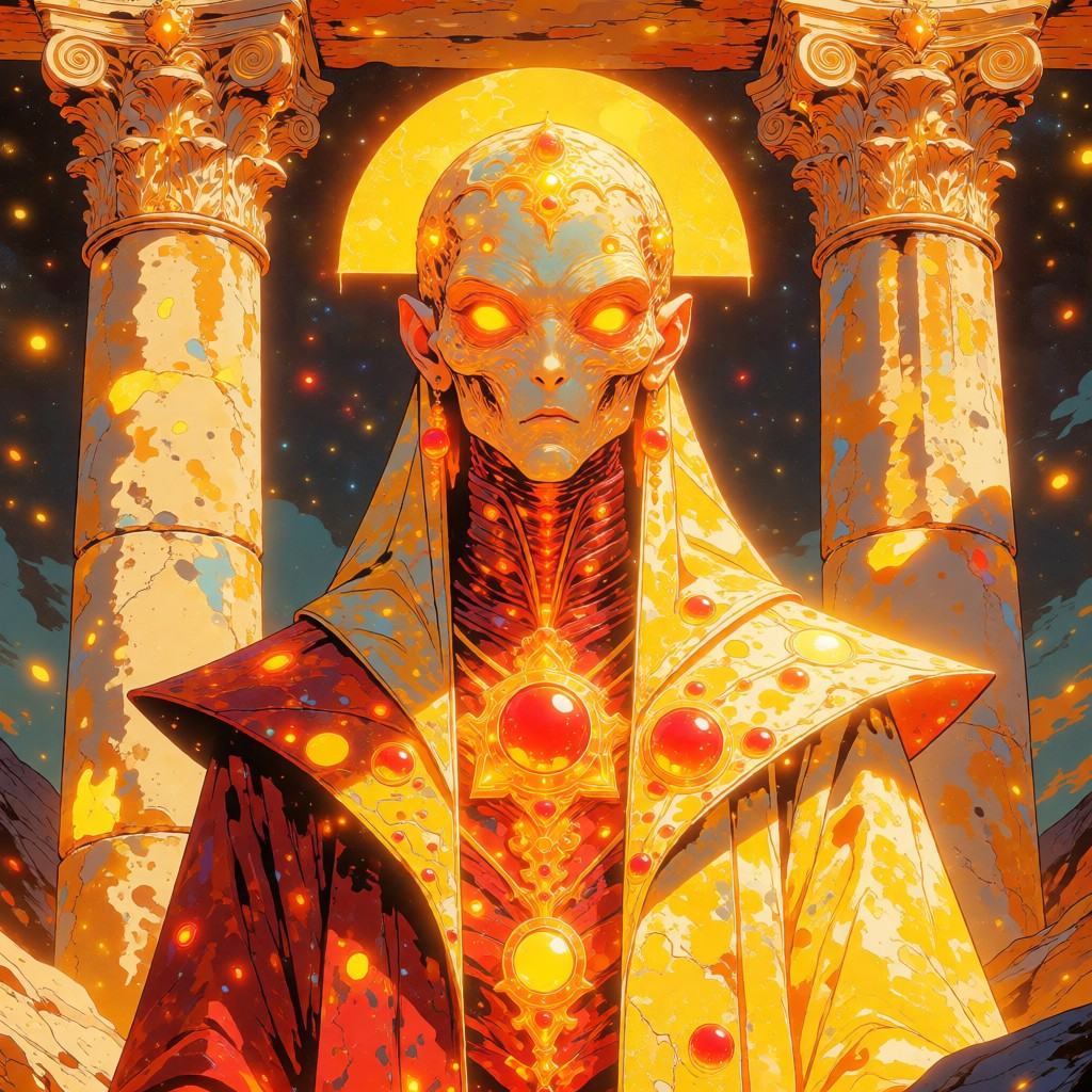 Neo-Graphic Noir,  an alien high priest with ornate golden and ruby-encrusted garments,  standing beneath ancient classica...