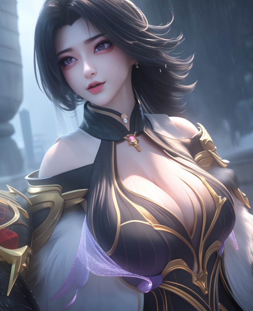 <lora:549-DA-百炼成神-司妙玲:0.8>(,1girl, ,best quality, ),looking at viewer,masterpiece, (( , )),,ultra realistic 8k cg, ,      ,building, bare_shoulders,cleavage cutout, eyelashes,magic,hydrokinesis,sweat, wet, rain, ,       (cleavage), (),