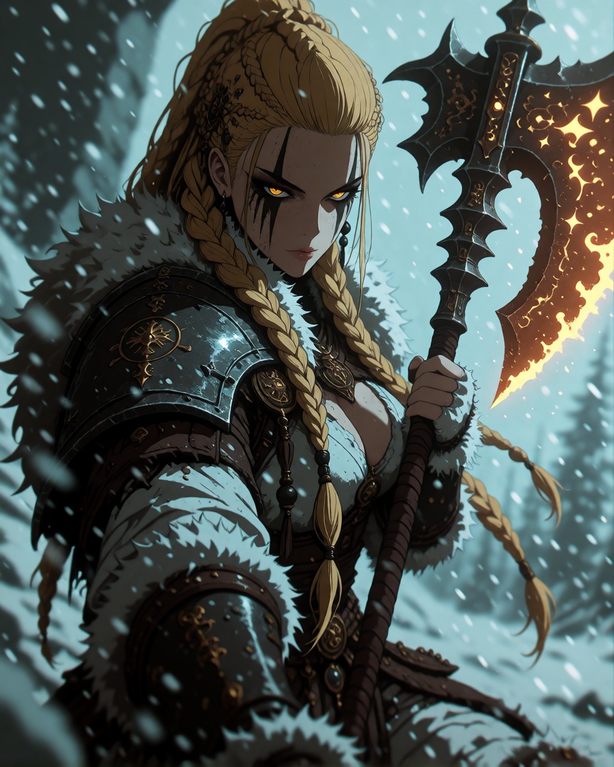 a warrior in a snowy,  mystical setting. The subject is a woman with long,  braided blonde hair on Tensor.Art