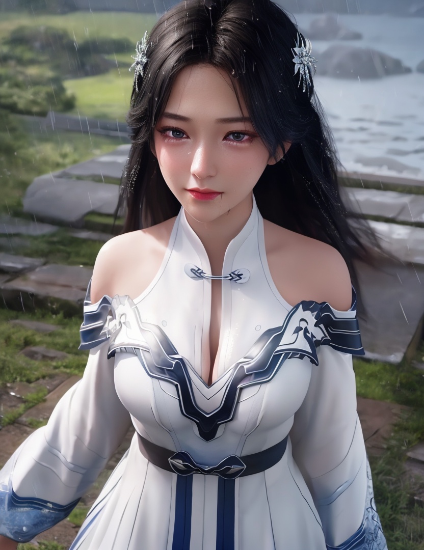 <lora:518-DA-遮天-李小曼:0.8>(,1girl, ,best quality, ),looking at viewer,  ,,ultra detailed background,ultra detailed background,ultra realistic 8k cg,  ,masterpiece, (( , )), ultra realistic 8k cg, ,   crying with eyes open,    ,eyelashes,magic,hydrokinesis,sweat, wet, rain, ,       (cleavage), (),