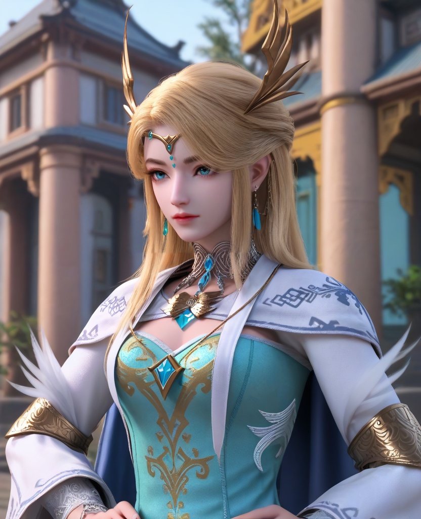 (oriental architecture, elegant decor, sophisticated style:1.1),(Standing with hands on the hips, looking determined:1.1),(breasts:1.2),<lora:XL16长夜开拓者圣女维罗妮卡:0.95>,miss veronica,blue corset dress,blue eyes,blonde hair,half-up ponytail with hair over shoulder,hair ornament,jewelry,choker,tiered sleeves,earrings,, score_9,score_8_up,score_7_up,score_6_up,score_5_up,score_4_up,3d rendering,tag1,tag2, Cinematic Lighting,backlighting,