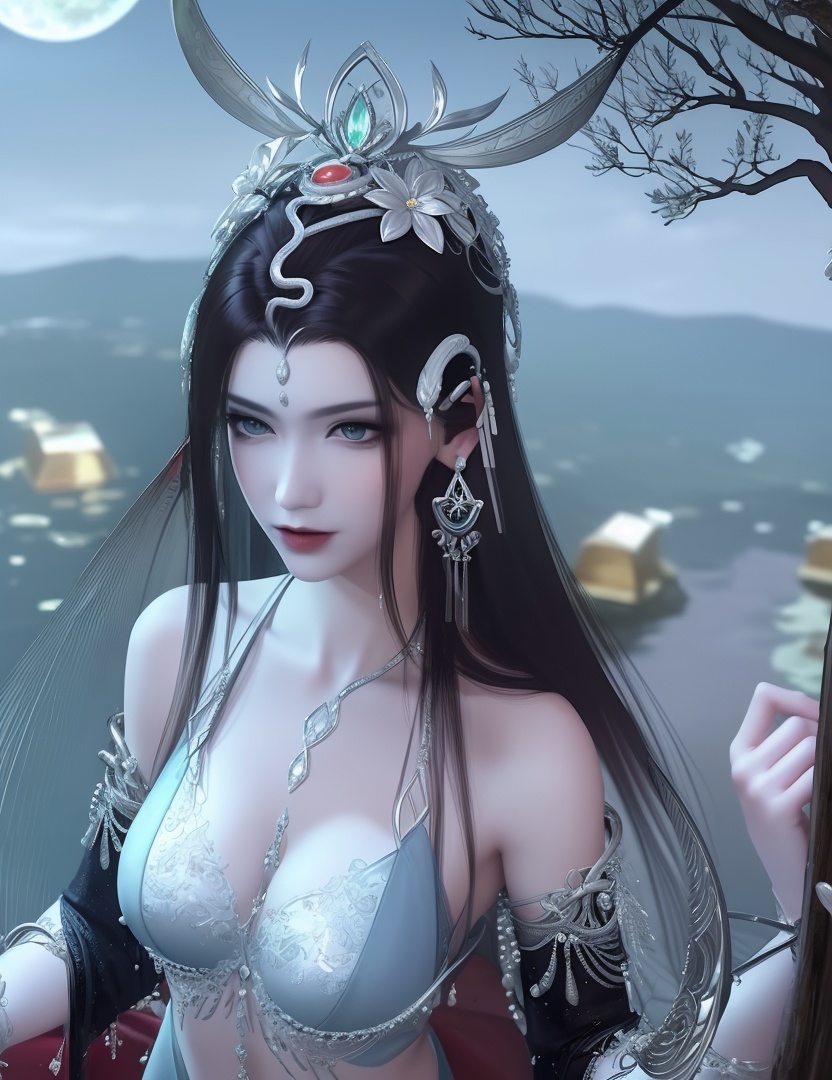 ultra realistic 8k cg, picture-perfect face, flawless, clean, masterpiece, professional artwork, famous artwork, cinematic lighting, cinematic bloom, perfect face, beautiful face, fantasy, dreamlike, unreal, science fiction , beautiful clothes, lace, lace trim, lace-trimmed legwear,  (rich:1.4), prestige, luxury, jewelry, diamond, gold, pearl, gem, sapphire, ruby, emerald, intricate detail, delicate pattern, charming, alluring, seductive, erotic, enchanting, hair ornament, necklace, earrings, bracelet, armlet,halo((,1girl, pov,))  (((1girl, solo,,, large breasts,  night,full moon,looking_at_viewer , wilted flower, bare tree,  1girl, lamia,  upper body, solo, , body horror, )))    <lora:DA_NSH_XLZH:0.7>