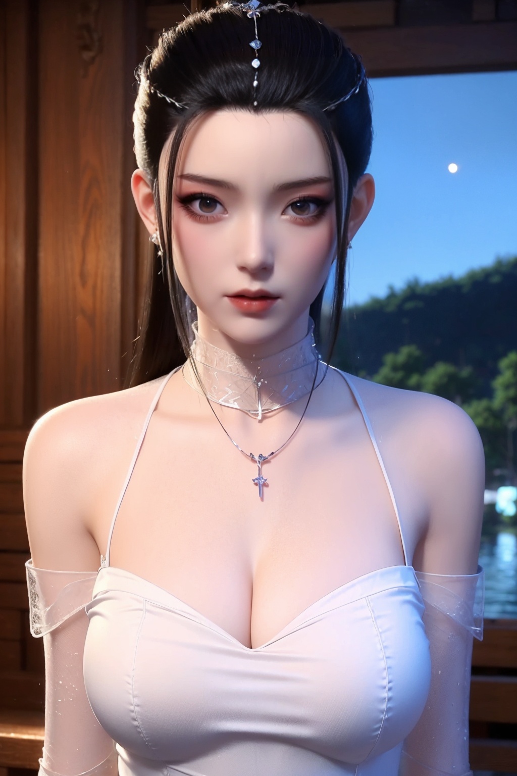(8k, RAW photos, best quality, surrealist style, masterpiece:1.2),sunlight shining on the body and reflecting,realistic,highly detailed,ultra-fine painting,extreme detail description,vivid colors,huge file size,wallpaper,official art,extremely fine CG unified 8k wallpaper,(all:1.2),1girl,dress,black hair,long hair,breasts,white dress,water,solo,medium breasts,necklace,jewelry,flower,wet,looking at viewer,purple eyes,cleavage,petals,see-through,wet clothes,bare shoulders,night,very long hair,choker,facial mark,<lora:小仙女v1.1:0.8>,