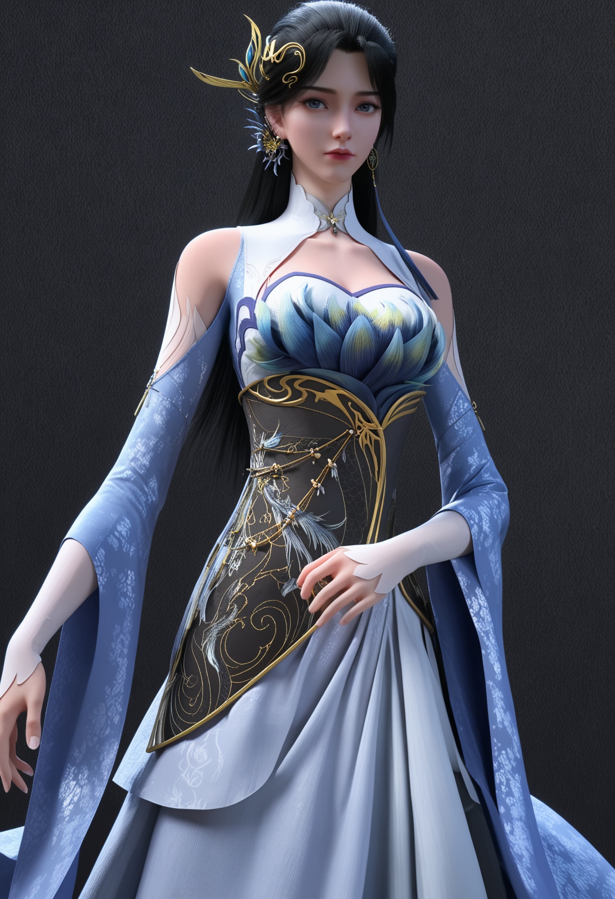 score_9,looking_at_viewer,upper body,large breasts,1girl,solo,black hair,long hair,hair ornament,earrings,jewelry,dress,clothing cutout,closed mouth,realistic,bare shoulders,blue dress,white dress,blue eyes,expressionless,cleavage cutout,chinese clothes,high heels,(simple background,pure black background,black background:1.1),perfect_anatomy,<lora:QQSponyjiangbilanV1:0.8>,