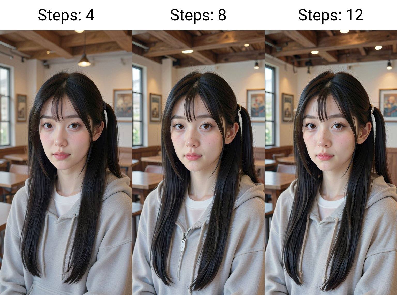 This is a photograph of an Asian woman with long,  straight black hair,  styled in two side ponytails secured with hair cl...