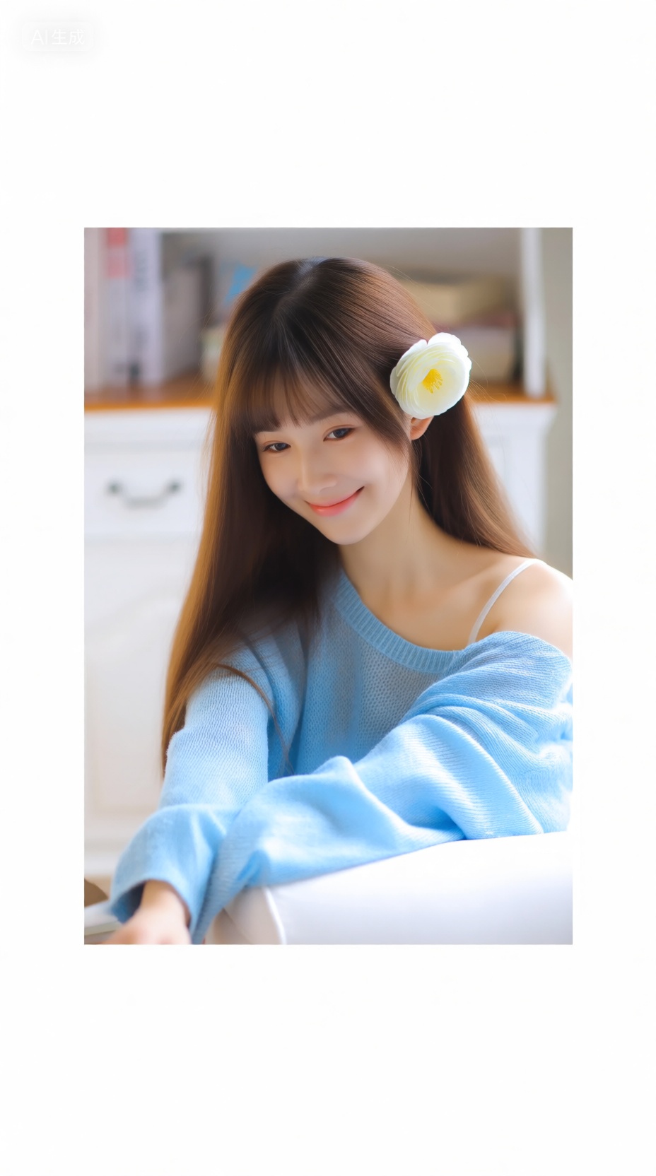 一个年轻的女人,有着长长的棕色头发和一朵白花藏在她的耳朵后面,坐在一个明亮的现代客厅的白色沙发上,她穿着浅蓝色的露肩毛衣和白色内衣,展示了她苗条的身材,她的皮肤很公平,她的笑容温柔,房间里有白色的墙壁和背景的书架,柔软的自然光线通过带有水平百叶窗的窗户过滤,这张照片具有柔软,温暖的调色板和舒适的,诱人的氛围,组成是平衡的,主题放置在集中,, Negative prompt: ng_deepnegative_v1_75t,(badhandv4:1.2),EasyNegative,(worst quality:2),,nsfw, Steps: 24, Sampler: Euler, CFG scale: 4.0, Seed: 3269137868, Size: 928x1664, Model hash: 98763a1277, Model: Qwen-Image_1.0.safetensors, Denoising strength: 0, RNG: CPU, Lora 1: Qwen | 极致真实写实人像-时尚摄影, Lora Hash 1: 25cb5bc410, Lora Weight 1: 0.89, vae_name: automatic