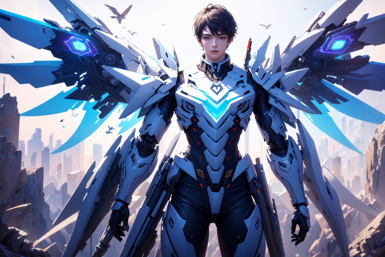 1boy,concept artwork,black hair,(a lonely solo boy:1.4),sky,wing,wings with fans,graphics card fan,strong male mecha warrior,mighty and domineering,cool mecha,32k,blue and white color scheme,white armor,white_background,standing,cowboy_shot,<lora:ASuo_v1:1>,