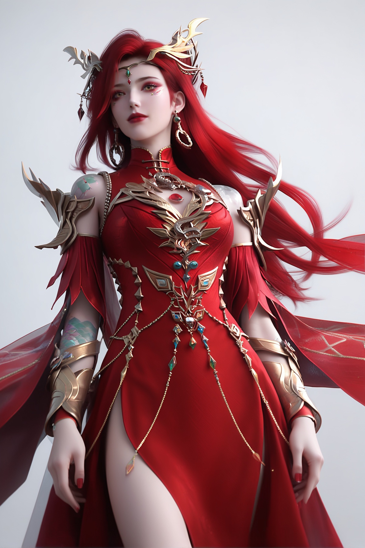 score_9,score_8_up,score_7_up,<lora:wy_xueyaonvwang_XL7.0:0.8>,1girl,earrings,jewelry,red hair,solo,red dress,tattoo,long hair,breasts,dress,colored skin,hair ornament,clothing cutout,detached sleeves,teeth,pale skin,yellow eyes,dark,wetting,thick_thighs,simple background,white_background,