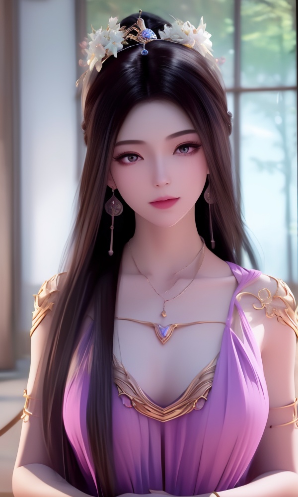 (,1girl, ,best quality, ),looking at viewer, <lora:395-DA-凡人修仙传-紫灵:0.8> ,ultra detailed background,ultra detailed background,ultra realistic 8k cg,, ,masterpiece, (( , )),, ,tamari \(flawless\),, hyper blossom,    (()), (), ,, , jewelry, necklace, solo, , , , hair_ornament, , earrings,large breasts,,  , ,