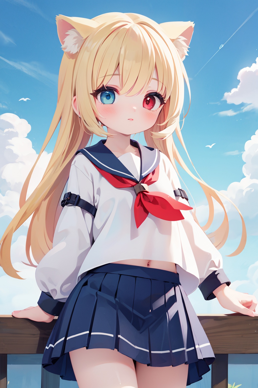 1girl,(heterochromia:1.4),(red eyes:1.4),(blue eyes:1.4),very long blonde hair,cat ears clouds,blue sailor collar,blue skirt,blue sky,blush,red bow,closed mouth,cloud,cloudy sky,condensation trail,day,