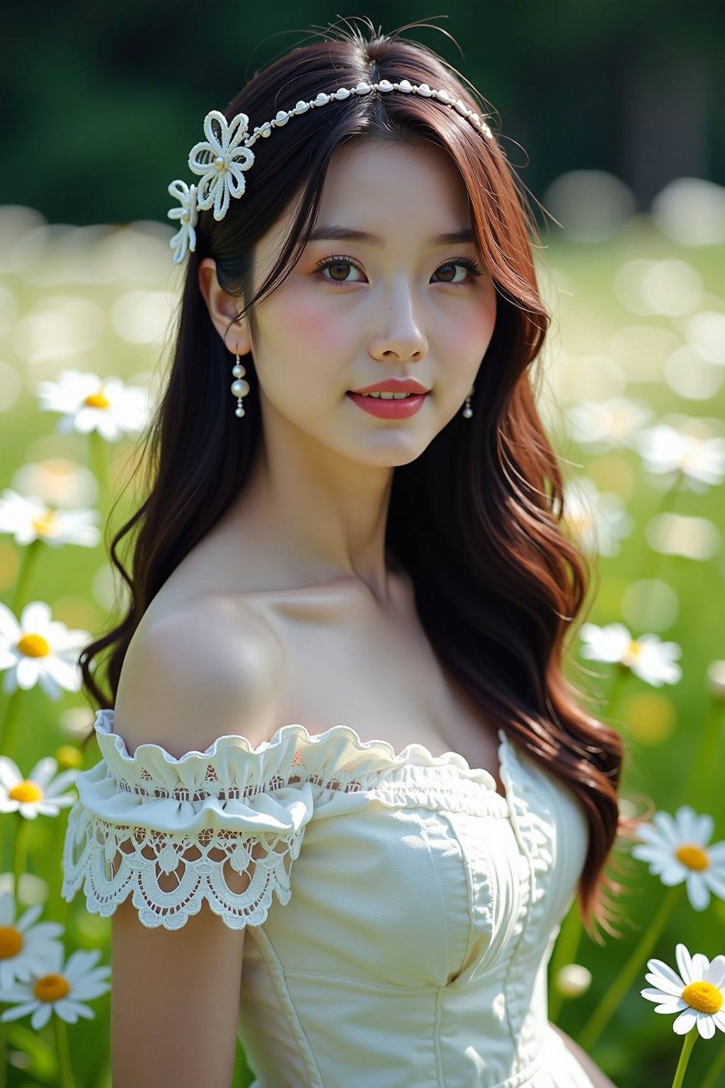 This photograph captures a young Asian woman with long,  dark hair and fair skin,  wearing a white off-shoulder lace dress...