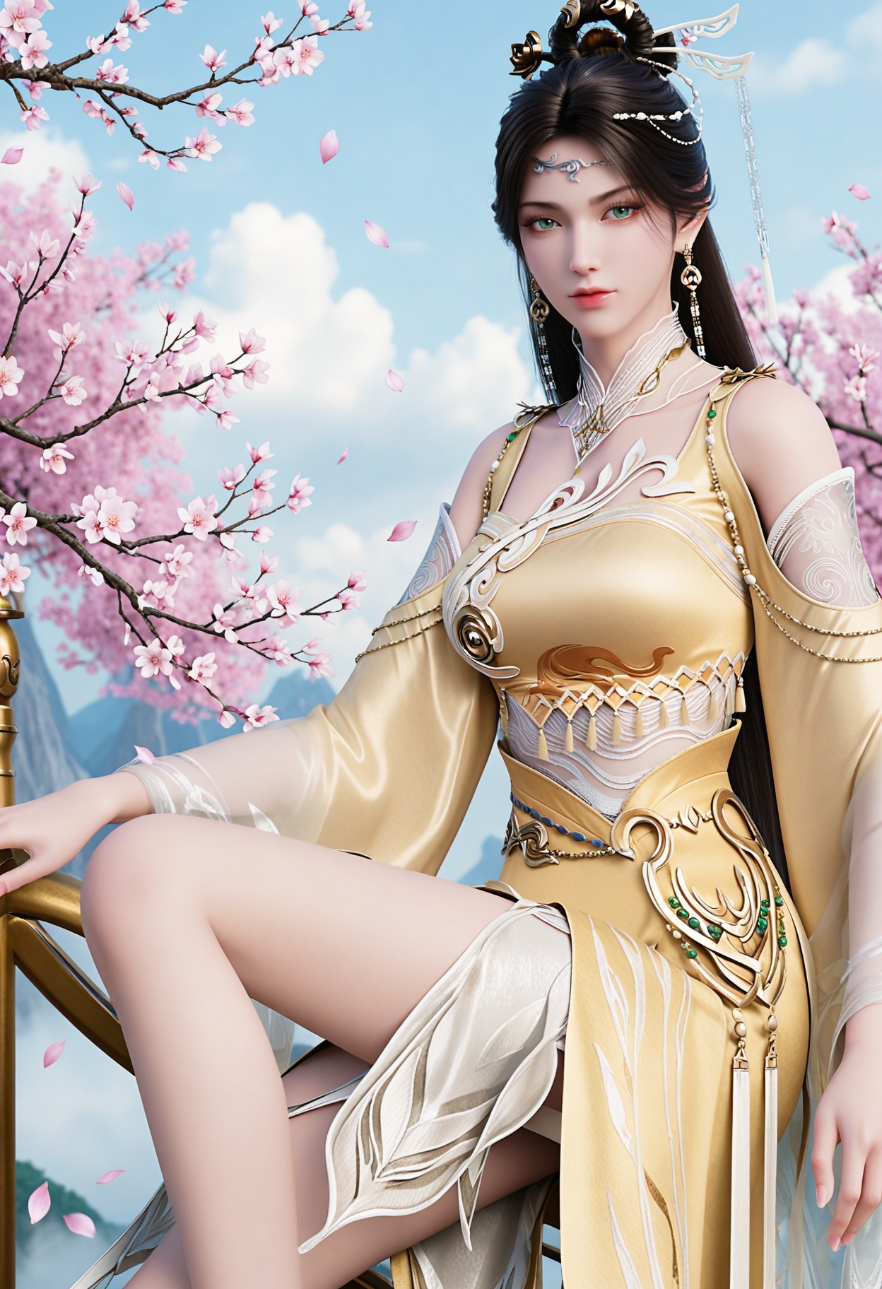(upper_body:1.2),(looking_at_viewer:1.4),fantasy,dreamlike,Pastel Colors,hyper realistic,southeast asia,aestheticism,beautiful detailed sky,chinese mythology,wonderland,peach blossom,falling petals,smog,yunxia,<lora:YQ_li光辉v5_金瓶儿_V1:0.8>,1girl,solo,q1528437228,long_hair,jewelry,earrings,hair_ornament,dress,black_hair,realistic,chinese_clothes,yellow_dress,green_eyes,brown_hair,hair_bun,necklace,single_hair_bun,bare_legs,feet,hair_rings,