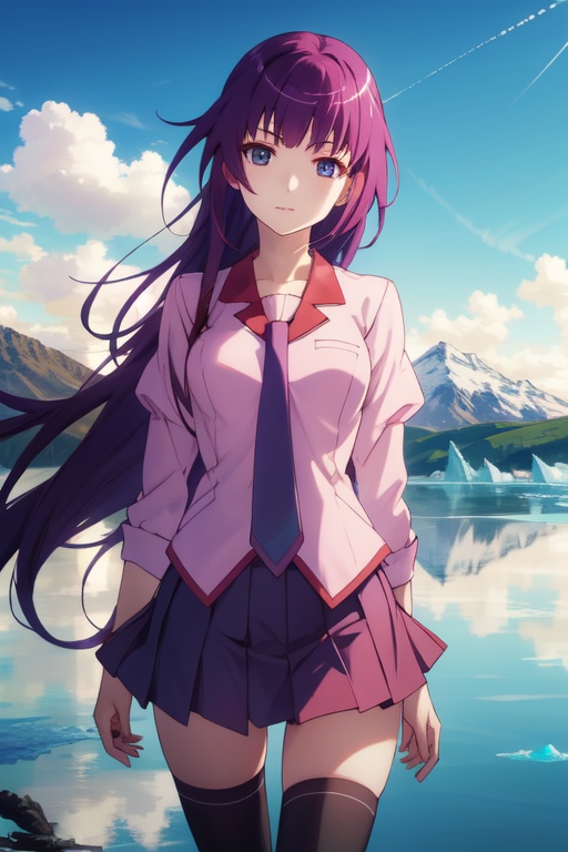 <lora:Hitagi-000008:0.8>,Hitagi CYQL,1girl,looking at viewer,solo,long hair,purple hair,blue eyes,school uniform,necktie,skirt,zettai ryouiki,thighhighs,black thighhighs,Passionate, A heated look, a flushed face, and a quickened breath.,portrait,beautiful face,beautiful eyes,glossy skin,shiny skin,Lake, Glacier, Turquoise, Water, Reflection, Mountains, Serenity, Cold,(Lemon trees, Citrus fragrance, Lemon orchard, Morning sunlight, Mediterranean landscape, Harvest time:0.6),beautiful detailed sky,beautiful detailed glow,masterpiece,best quality,beautiful and aesthetic,wallpaper,