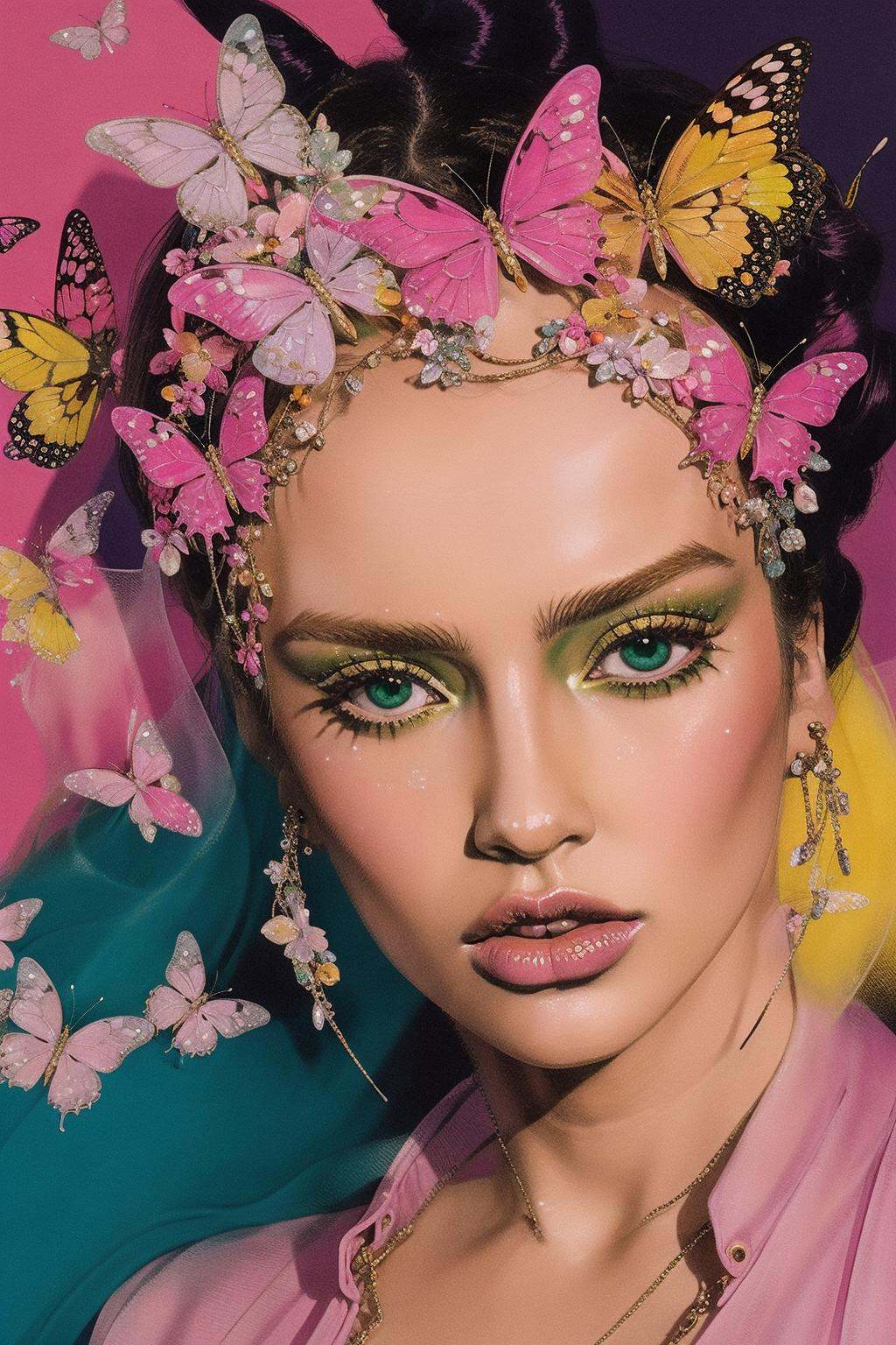<lora:arakisyle:0.7>scan, hirohiko araki artworka drawing of a woman with buns on her head, style of stone ocean cover art, pink and green colour palette, full makeup, yellow butterflies, uwu hi-fructose, cgsocciety artfrench new wave, style of moebius, the jewelpunk aesthetic, paper-cut craft, ultra detailed, rich colors, trending on artstation, intricate details, (pascal campion:0.38), vivid colors, (painting art:0.06), [eclectic:clear:16], detailed