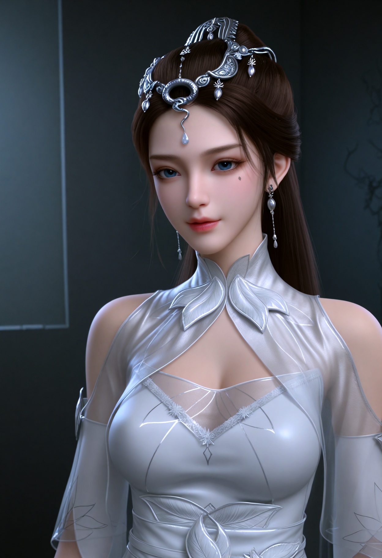 upper_body,(gigantic breasts:0.6),(slender:1.3),(looking_at_viewer:1.1),(masterpiece:1.1),(best quality:1.2),(intricate details),(smog:1.3),(Dark room:1.3),(dim lighting:1.3),<lora:YQ_Illustrious光辉v5_顾小桑_V1:0.8>,(q1528437228:1.3),1girl,solo,dress,long_hair,white_dress,hair_ornament,jewelry,earrings,black_hair,clothing_cutout,brown_hair,blue_eyes,tiara,ponytail,shoulder_cutout,bare_shoulders,hair_bun,boots,see-through,cape,facial_mark,masterpiece,(best quality),(intricate details:0.9) BREAK (intricate details:0.9),(realistic skin:1.2),masterpiece,best quality,newest,absurdres,hiahres,
