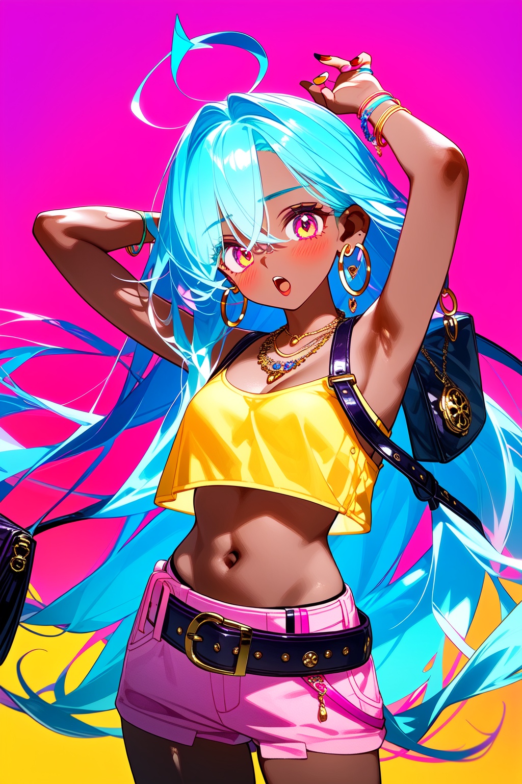 1girl, solo, long hair, breasts, looking at viewer, open mouth, navel, jewelry, medium breasts, very long hair, underwear, purple eyes, ahoge, earrings, midriff, belt, dark skin, pink eyes, necklace, bag, arms up, bracelet, dark-skinned female, crop top, fingernails, aqua hair, yellow background, pink nails, hoop earrings, handbag, pink belt