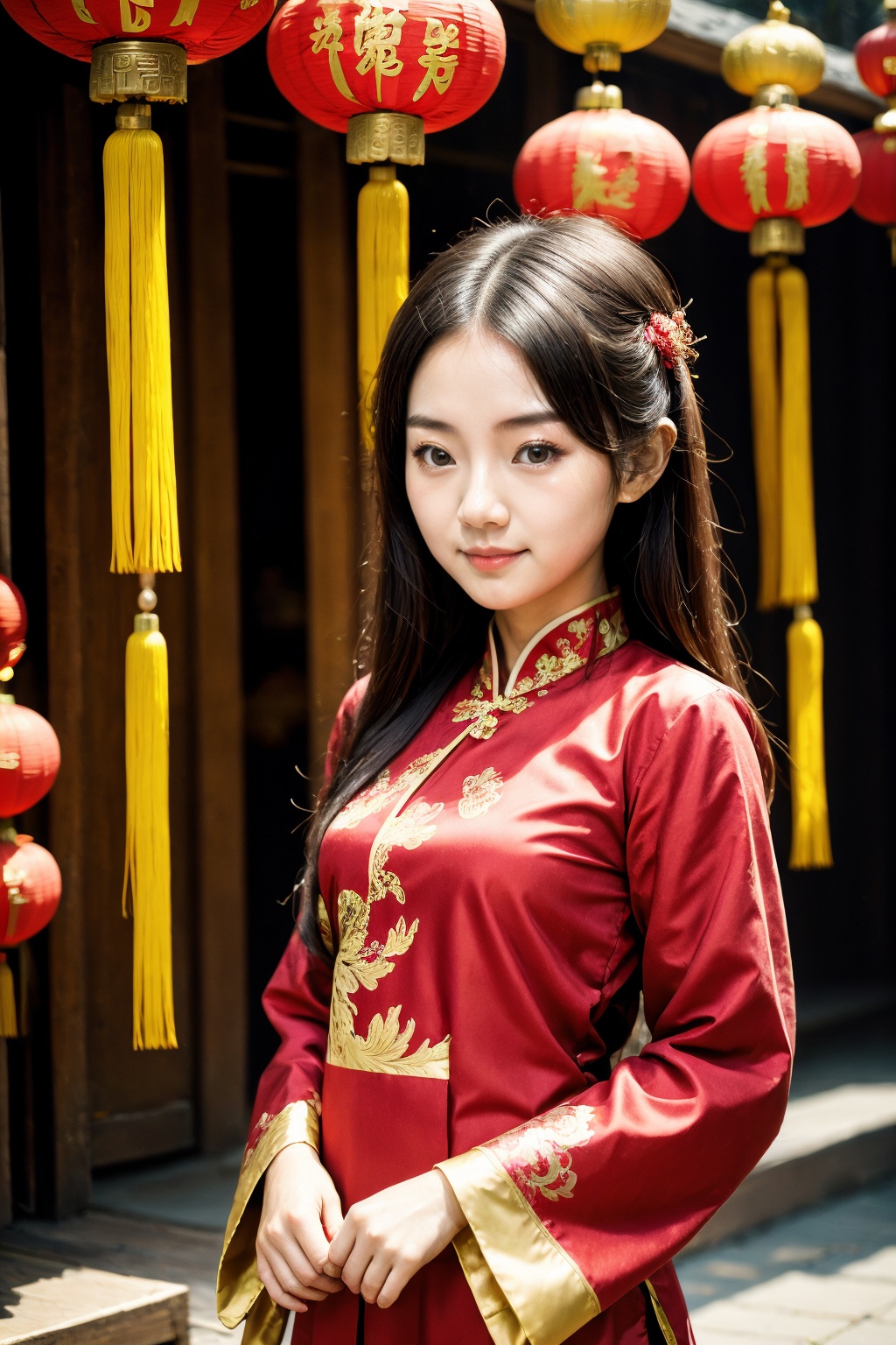 <lora:ChineseNewYear:0.6>, chinese new year, girl, (smirk:-0.4), long hair, arms at sides, red chinese clothes, paper lantern, 