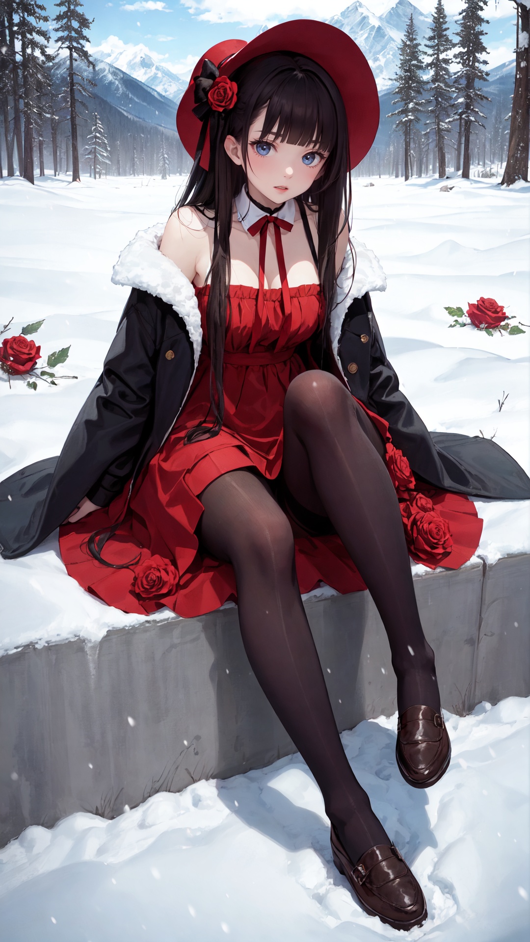 (black_pantyhose),tutututu,masterpiece, best quality, winter, snow field, 1girl, bangs, blue eyes, blunt bangs, bonnet, brown footwear, brown hair, dress, frills, fruit, full body, hat, long hair, long sleeves, looking at viewer, purple dress, red flower, red rose, rose, shoes, sitting, solo, sky, sun, mountain, forest, lake,<lora:tutuJG_00003:0.65>