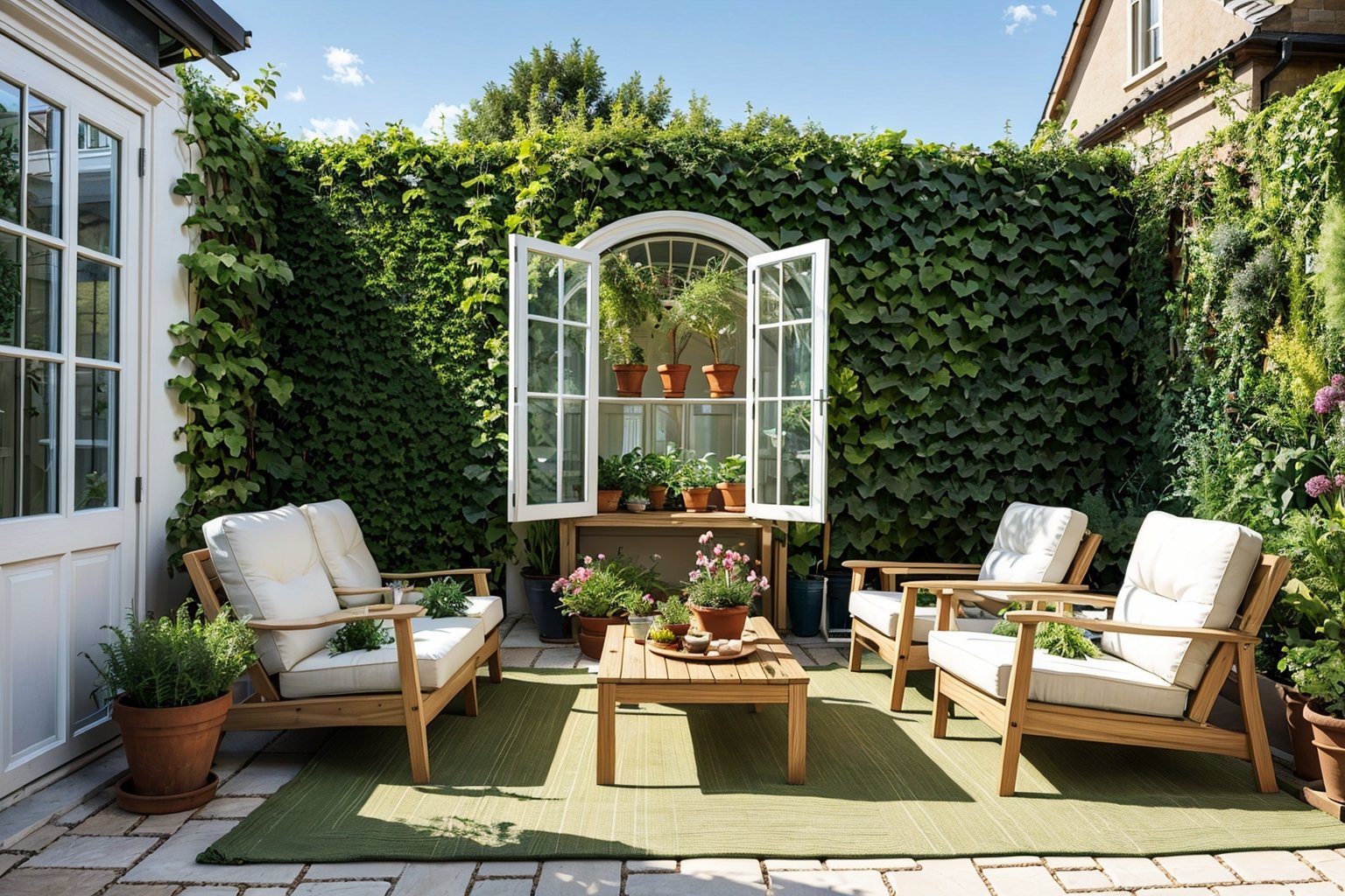 Garden, courtyard, conservatory, garden design, green plants, lounge chairs, sun room, vegetable plot, plant wall, HD, 16k,
