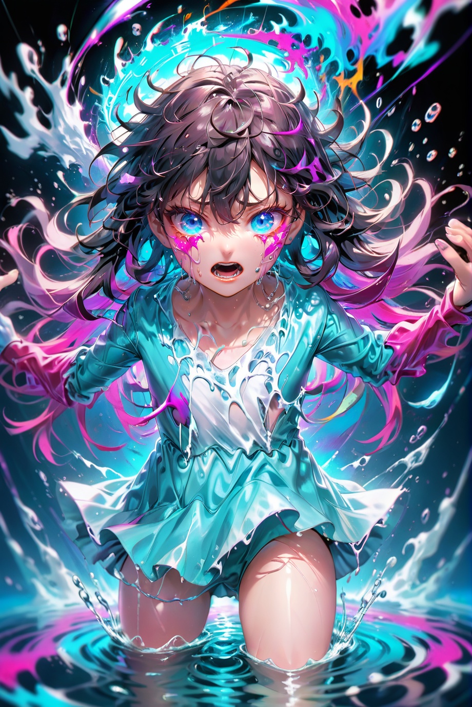 hiro crazy dimension,  a girl drowning into the vortex of vivid liquid color,  chaos on Tensor.Art