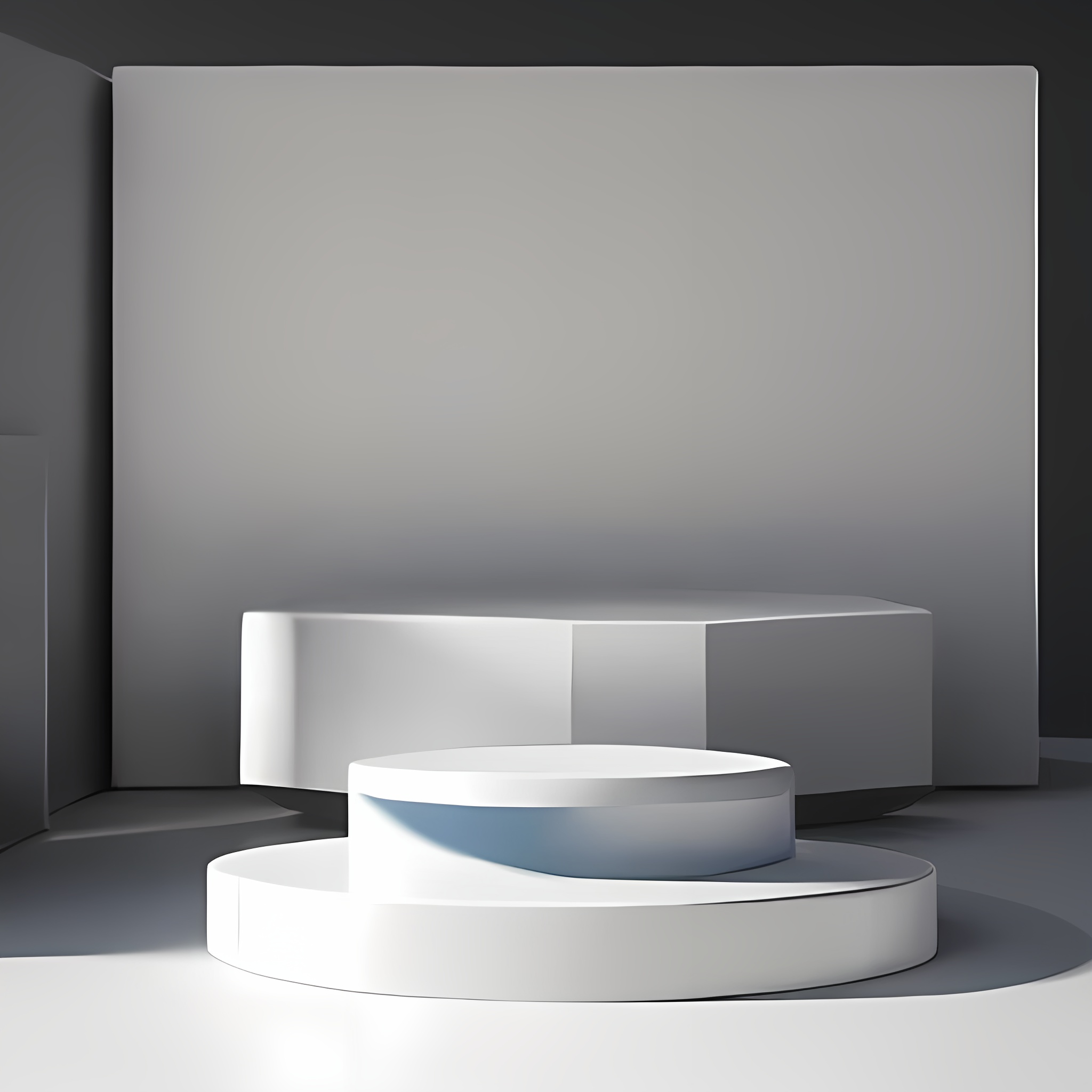 jihe，zhantai，Indoor, no humans,  minimalist,low saturation, cool tone, backlight, light strip, cool light, grayscale, black background, background wall, styling design, acrylic material, connotation, low-key,contrasting light and dark, simple, clean,left light, simple, clean,Ivory and Crystal,ue5,ocrendering,c4d,blender,<lora:zhantai-003-000006:0.8>