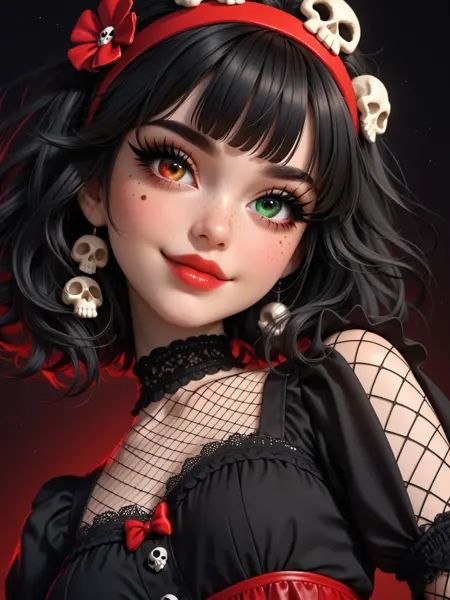 score_9, score_8_up, score_8, score_7_up, score_7, 1girl, 25yo, (heterochromia eyes, red eyes, yellow eyes, green eyes:1.5), medium breasts, black hair, fringe, side bangs, black hair streaks, red headband, white skin, skull ornament, red bow, black top, fishnet top, black fabric, freckles, star freckles, looking down, red lipstick, glossy lips, smile, upward angle, intense gaze, black eyeliner, long eyelashes, dark eyebrows, white headband, black skirt, gothic style, black makeup, dark theme, red accessories, elaborate hair, freckled cheeks, dark makeup, detailed eyelashes, red headpiece, gothic fashion