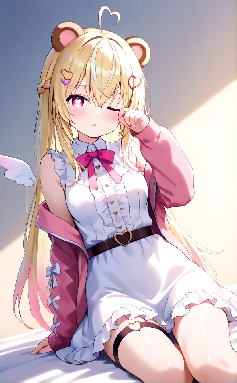 masterpiece,very aware,highres,absurdres,newest,best quality,loli,petite,high quality,chromatic_aberration,cinematic_angle,dutch angle,blurry_foreground,A light gradient background with white on top and brown at the bottom,student,"Girl",//,1girl,animal ears,solo,heart,blonde hair,dress,one eye closed,hair ornament,ahoge,long hair,white dress,braid,jacket,heart ahoge,wings,bow,virtual youtuber,frills,breasts,sitting,bangs,long sleeves,blush,pink jacket,very long hair,sleeves past wrists,off shoulder,bear ears,sleeveless,open jacket,frilled dress,rubbing eyes,sleeveless dress,;o,open clothes,looking at viewer,pink bow,medium breasts,hair between eyes,heart hair ornament,yokozuwari,bare shoulders,thigh strap,red eyes,center frills,pink eyes,puffy long sleeves,multicolored hair,hairclip,yellow bow,hand up,pink ribbon,belt,bowtie,feet out of frame,ribbon,symbol-shaped pupils,parted lips,//,//,official art,blurry background,depth of field,detailed light,best shadow,shiny skin,cinematic lighting,ray tracing,amazing quality,very aesthetic,absurdres,beast quality,ultra detailed,newest,8K,HDR,full_shot,//,<lora:lora:1>,