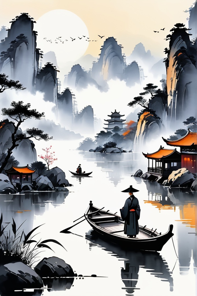 chinese ink painting style,poet,boating,landscape painting,