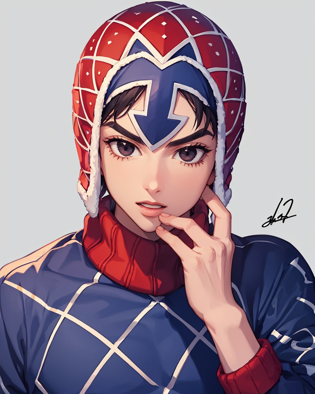 masterpiece,best quality, highly detailed, guido mista,solo, 1boy, male focus, hat, argyle sweater, covering mouth, turtleneck, signature,<lora:guido_mista:1>