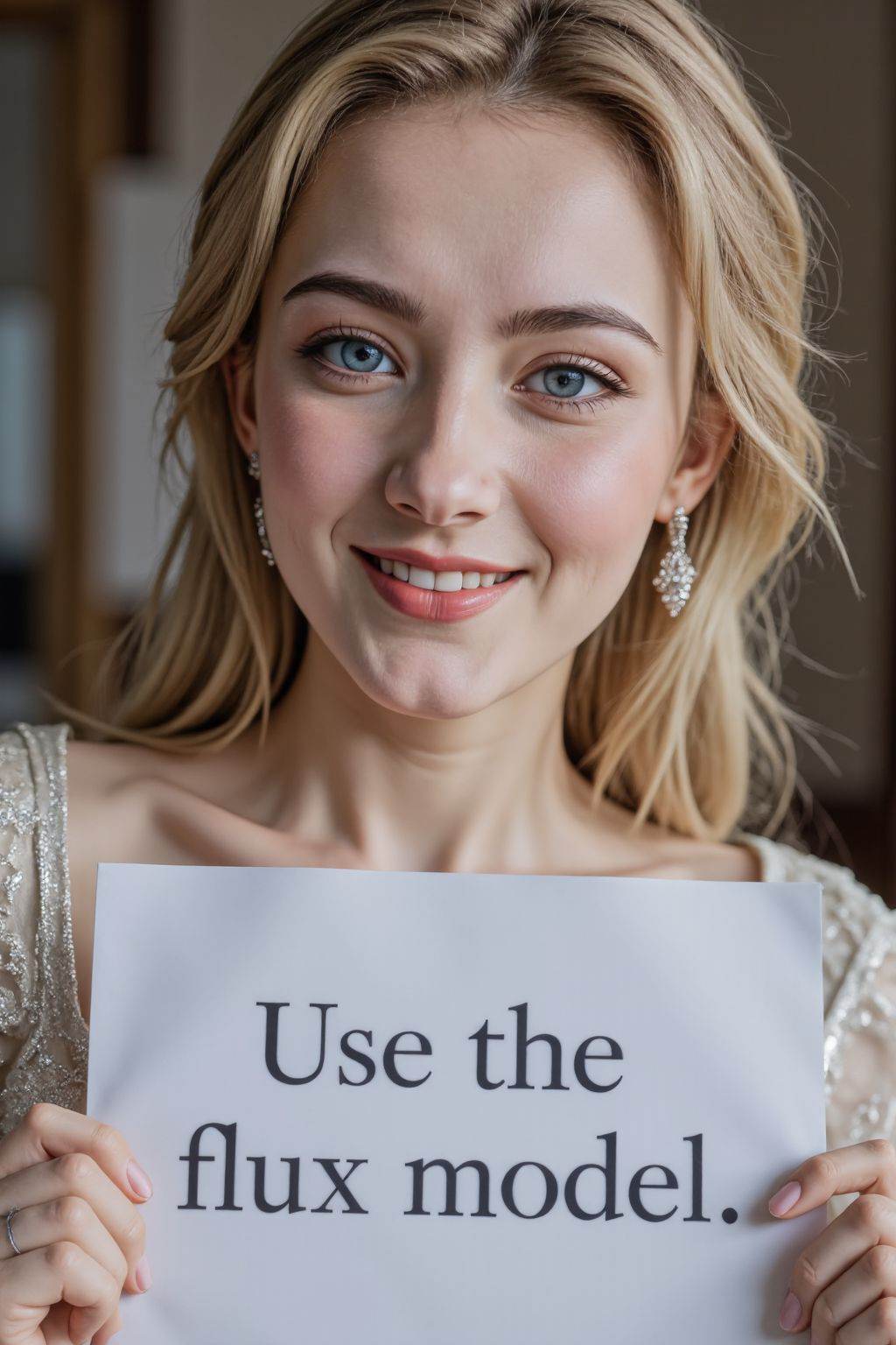 <lora:20250818_AgainGirlF1Lora10:0.8>,HDR photo of cinematic film still instagram photo, closeup face photo of 20 y.o, blonde and blue eyes, pale skin, smirk, elegant dress, holding a sign with text "Use the flux model",