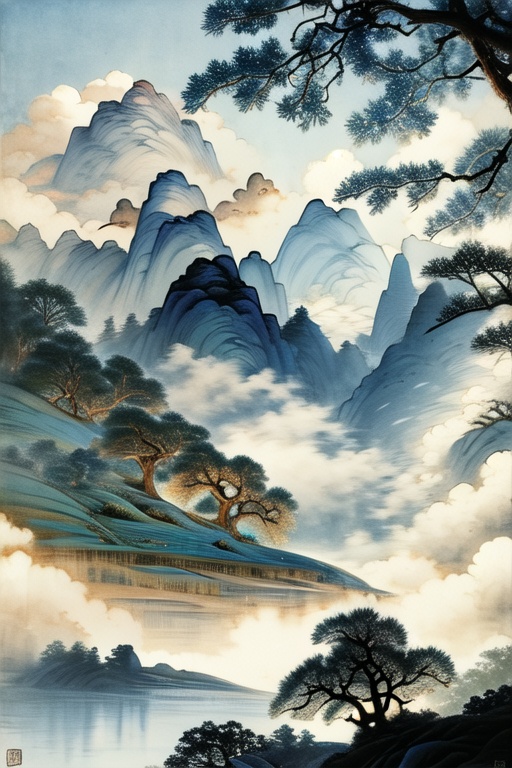 Porcelain landscape painting,outdoors,sky,day,cloud,water,tree,no humans,animal,cloudy sky,scenery,mountain,antlers,deer,