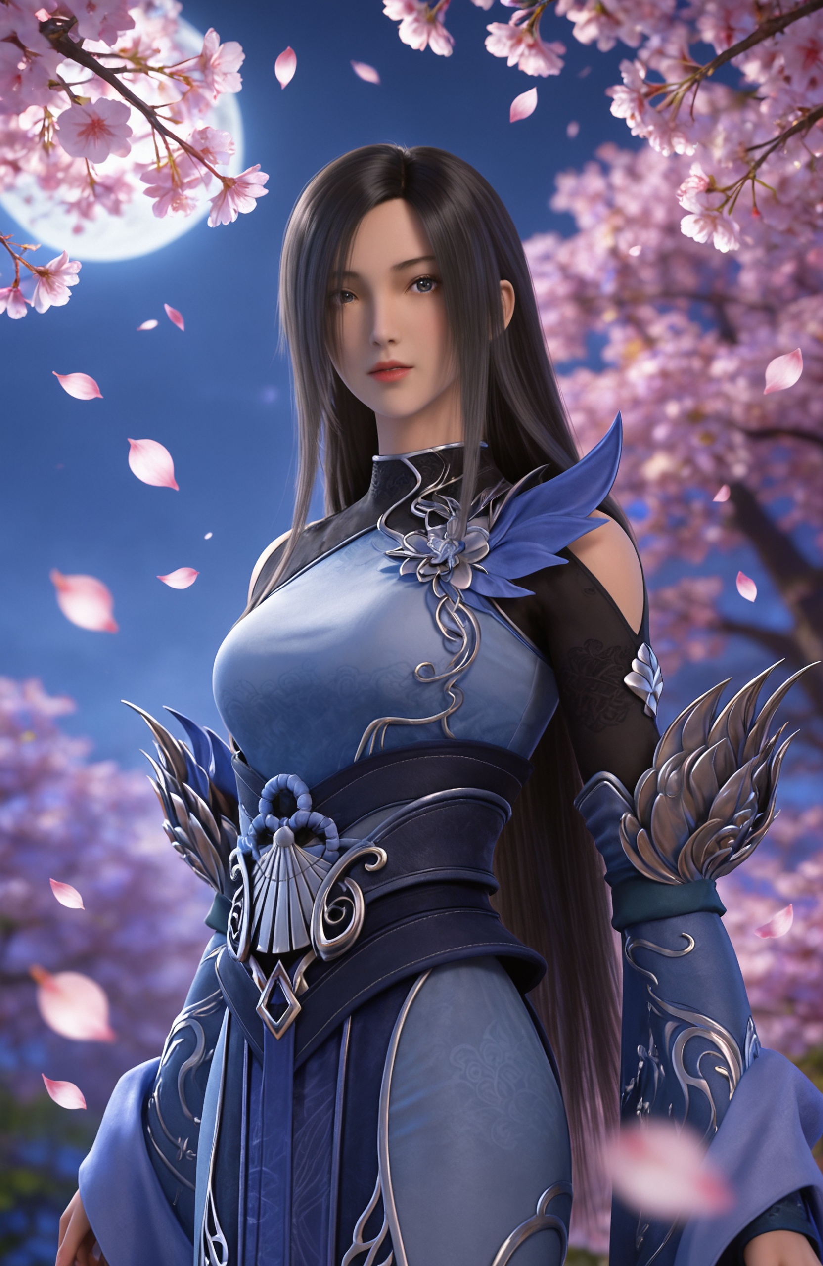 <lora:完美世界-重瞳者Pony:0.8> 1girl, black hair, long hair, blue dress, shoulder cutout, detached sleeves, long sleeves, sash,, masterpiece,best quality,solo,1girl,upper body,petals,looking at viewer,moon,branch,cherry blossoms,flower,extreme aesthetic,(quasarcake:0.7),masterpiece,best quality,good quality,newest,very aesthetic,absurdres,A shot with tension,(Visual impact,giving the poster a dynamic and visually striking appearance:1.2),impactful picture,offcial art,colorful,splash of color,movie perspective,