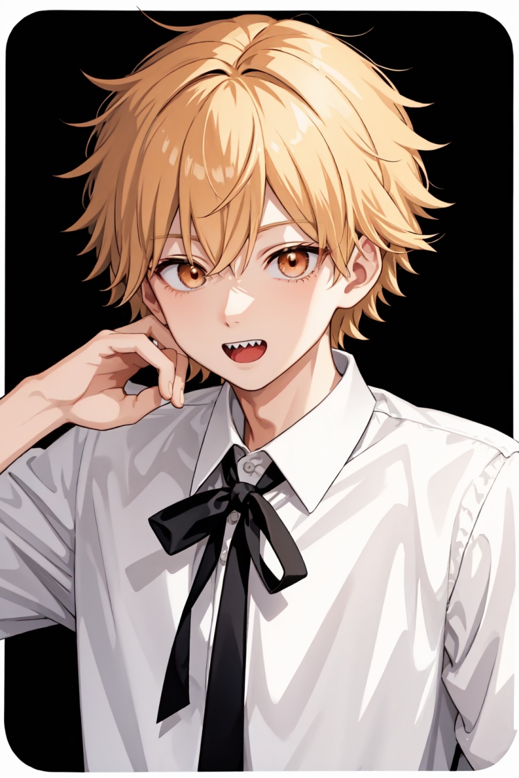 masterpiece,best quality, highly detailed, denji_(chainsaw_man),1boy,male_focus,simple_background,sharp_teeth,white_shirt,solo,open_mouth,looking_at_viewer,collared_shirt<lora:denji_(chainsaw_man):1>,simple background,white background
