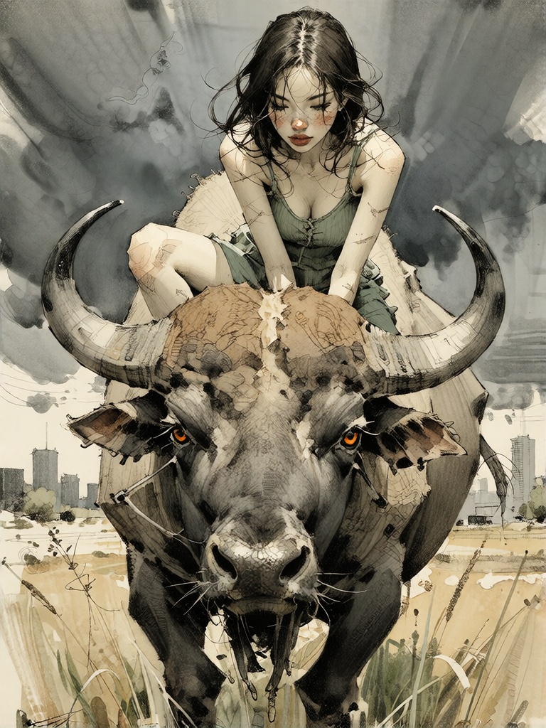 Bradhamel art style. A young woman with long,  wild dark hair and visible scars on her arms and legs sits atop the head of...