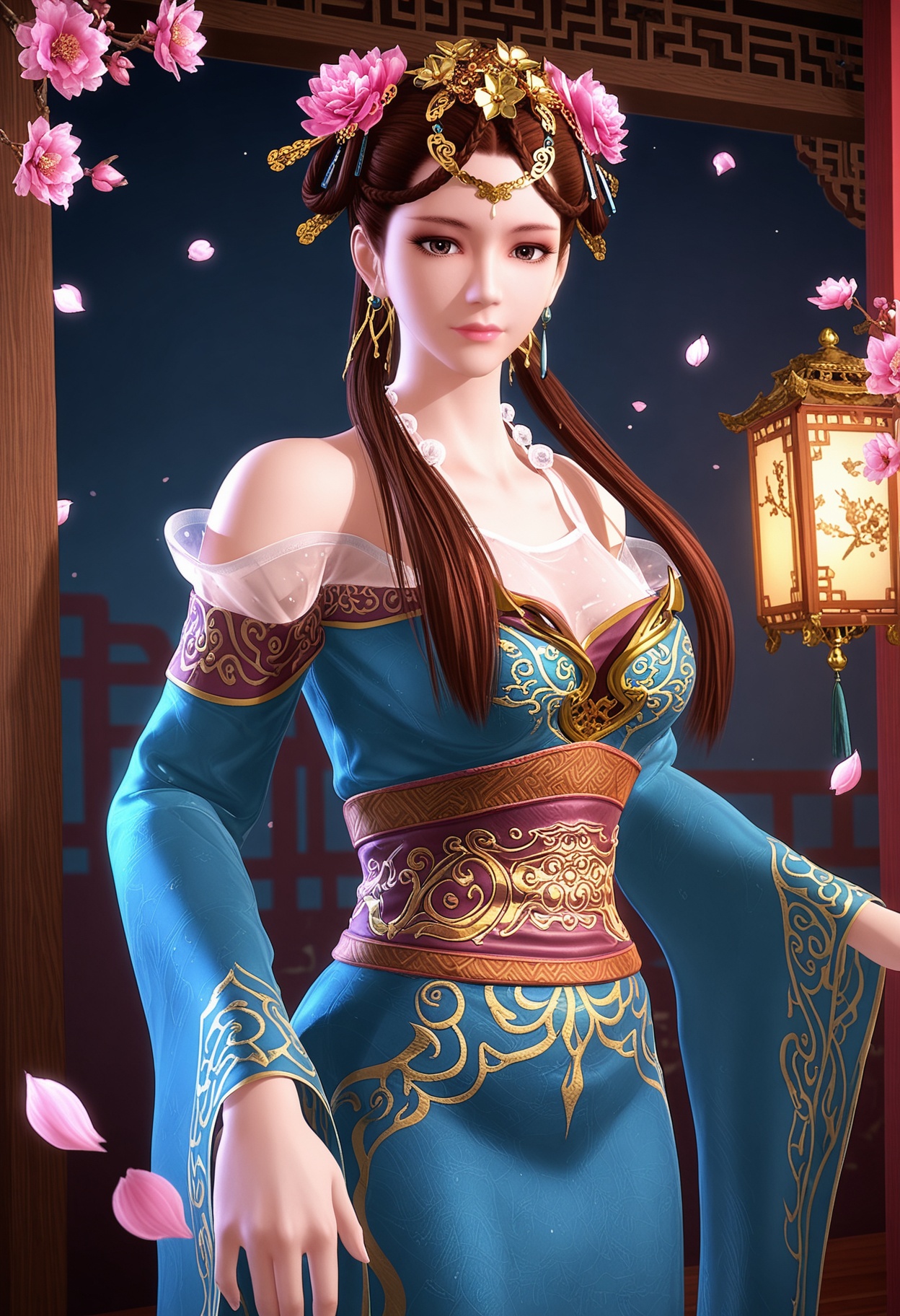 (cowboy shot:1.2),(looking at viewer:1.1),masterpiece,(best quality),smog,Dark room,dim lighting,peach blossom,falling petals,<lora:YQ_Illustrious光辉v5_涟衣_V1:0.8>,q1528437228,1girl,solo,brown hair,hair ornament,jewelry,long hair,hair flower,earrings,brown eyes,dress,chinese clothes,braid,necklace,hair rings,sash,twintails,